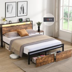 Queen Size Bed Frame With Storage Headboard And 2 Drawers, LED Lights Bed With Charging Station