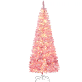 6ft Prelit Snow Flocked Artificial Christmas Tree With Pencil Shape, Pine Realistic Branches, Warm White LED Lights, Auto Open, Pink And White