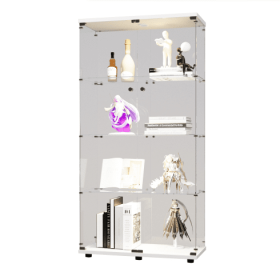 Two-door LED Lights Glass Display Cabinet 4 Shelves With Door, Floor Standing Curio Bookshelf For Living Room Bedroom Office, 64.7x31.7x14.3, White