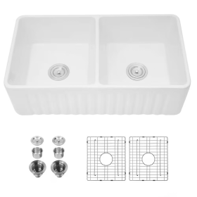 Ceramic White Kitchen Double Basin Farmhouse Sink Rectangular Vessel Sink