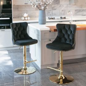 Golden Swivel Velvet Barstools Adjusatble Seat Height From 25-33 Inch Black,Set Of 2