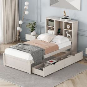 Modern Twin Size Bed Frame With Built-in USB Port On Bookcase Headboard And 2 Drawers For White Washed Color