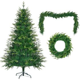 6 Feet Pre-Lit Aspen Fir Artificial Christmas Tree With Garlands And Garlands, Grass Green Christmas Tree With 380 Multi-Color LED Lights, 11 Lighting