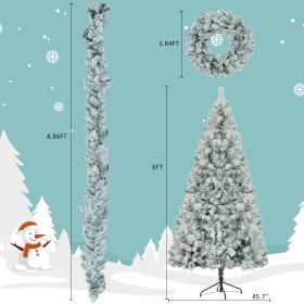 6 Feet Snow Covered Christmas Tree, Pre-Installed Light Set With Tree & Garland & Garland, Artificial Hinged Christmas Tree With Colored LED Lights, 8