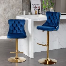 Golden Swivel Velvet Barstools Adjusatble Seat Height From 25-33 Inch Blue,Set Of 2