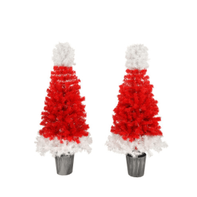 Lighted Santa Hat Style Christmas Tree Set Of 2, 4ft Artificial Tree With Warm White Lights, Christmas Tree For Decoration Inside And Outside