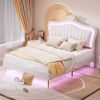 Queen Size Upholstered Bed Frame with LED Lights ,Modern Upholstered Princess Bed With Crown Headboard, White