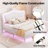 Queen Size Upholstered Bed Frame with LED Lights ,Modern Upholstered Princess Bed With Crown Headboard, White