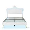 Queen Size Upholstered Bed Frame with LED Lights ,Modern Upholstered Princess Bed With Crown Headboard, White