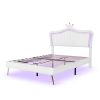 Queen Size Upholstered Bed Frame with LED Lights ,Modern Upholstered Princess Bed With Crown Headboard, White