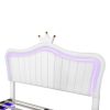 Queen Size Upholstered Bed Frame with LED Lights ,Modern Upholstered Princess Bed With Crown Headboard, White