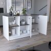 Juniper Kitchen Island with Large Top Surface, Double Door Cabinet, and Open Shelves White / Onyx