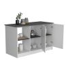 Juniper Kitchen Island with Large Top Surface, Double Door Cabinet, and Open Shelves White / Onyx