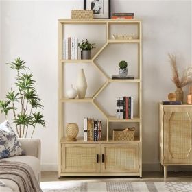 Rattan bookshelf 7 tiers Bookcases Storage Rack with cabinet for Living Room Home Office, Natural,39.4'' W x 13.8'' D x 75.6'' H.