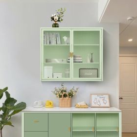 Modern Double Door Wall Cabinet With Glass Door With Three Levels Of Storage For Entrance Living Room, Bathroom, Dining Room, Mint Green