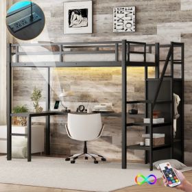 Twin XL Size Loft Bed With L-shaped Desk And USB, Metal Loft Bed With Wardrobe Adjustable Shelf, High Loft Bed With LED Black