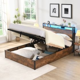 Lift-up Storage Bed Frame, Full Size Bed Frame With Bookcase Headboard & LED Lights, Wooden Platform Bed Frame With Charging Station, No Spring Box Ne