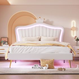 Queen Size Upholstered Bed Frame with LED Lights ,Modern Upholstered Princess Bed With Crown Headboard, White