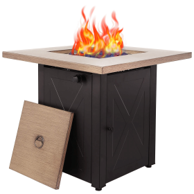 28inch Outdoor Gas Fire Pit Table , 48,000 BTU, Square Outdside Propane Patio Firetable, ETL Certification, Bionic Wood Grain Lid, for Backyard