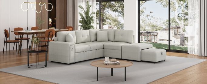 86.6" Sectional Sofa L-shaped Sofa Couch Pull-out Sofa Bed with a Movable Ottoman, Two USB Ports and Two Cup Holders for Living Room, Gray