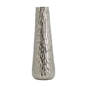 19 Inch Contemporary Tall Oblong Vase, Silver Aluminum, Hammered Texture