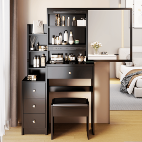 Small Space Left Bedside Cabinet Vanity Table + Cushioned Stool, Extra Large Right sliding mirror, Multi Layer High Capacity Storage