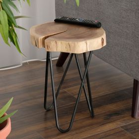 12" Acacia Wood End/Side Table, Living Room Accent Stool, Iron Hairpin Legs, Home DÃ©cor, Brown/Black