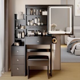 Small Space Left Bedside Cabinet Vanity Table + Cushioned Stool, 2 AC+2 USB Power Station, Hair dryer bracket