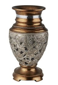 14.75" Tall Decorative Vase" Langi", Golden Finish w/ Silver Ornate Flowers