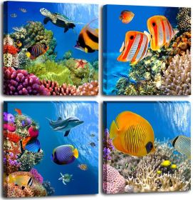 Bathroom Canvas Wall Art Sea Turtle Wall Decor for Living Room Colorful Fish Coral Dolphin Ocean Theme Underwater World Pictures for Bedroom Navy Seas