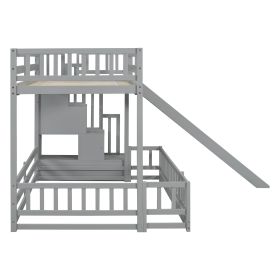 Twin Over Full Bunk Bed with Slide, Storage Staircase, Pine Solid Wooden Bunk Bed with Safety Guardrails ,Grey