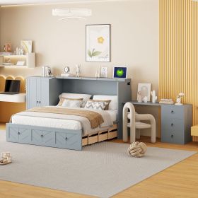 Queen Size Murphy Bed with USB Port, Large Drawer, and Wardrobe/Desk Combo – Versatile Gray Cabinet Bed