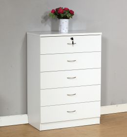 Five drawer chest Metal handles Locking Top drawer Metal Glide rails White Melamine Laminate