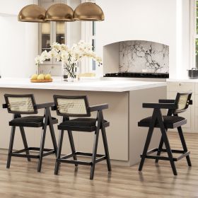 Milan 25.5" Modern Resin Webbing Back Bar Stool with Arms, Set of 3, Ebony Black Boucle