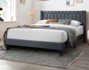 Modern Eye-Catching 1pc Queen Size Bed Charcoal Burlap Fabric Unique Diamond Design Headboard Bedframe