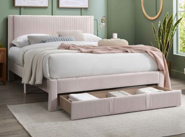 Contemporary 1pc Queen Size Bed w Storage Drawer Light Pink Corduroy Texture Design Platform Bedframe