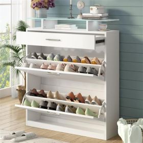 Slim Entryway Organizer with 2 Flip Drawers, Tempered Glass Top Shoe Storage Cabinet with Drawer