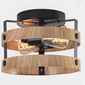 3-Light Rustic Flush Mount Light Fixture Wood Round Drum Semi Ceiling Light for Hallway Bedroom Kitchen Entryway Farmhouse Matt Black [No Bulb]