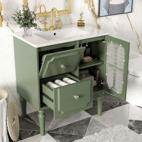 Retro Style 30'' Bathroom Vanity with Resin Sink Combo, Freestanding Single Vanity with 2 Drawers, Solid Wood Frame Bathroom Storage Cabinet, Green