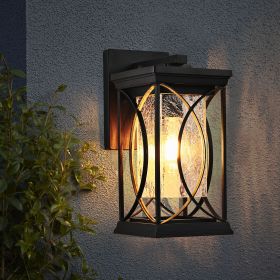 1-pack Black Outdoor Wall Lantern with Crackled Glass, Weather-Resistant Exterior Light Fixture for Porch, Patio, and Entryway