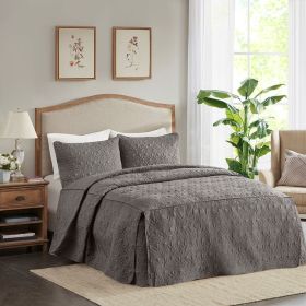 3 Piece Split Corner Pleated Quilted Bedspread Dark Grey Queen