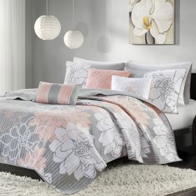 6 Piece Printed Cotton Quilt Set with Throw Pillows Grey/Peach Full/Queen