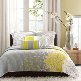 6 Piece Printed Cotton Quilt Set with Throw Pillows Taupe Grey/Yellow King/Cal King