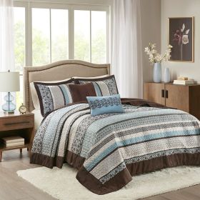 5 Piece Reversible Jacquard Bedspread Set Blue Queen