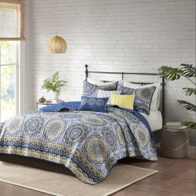 6 Piece Reversible Quilt Set with Throw Pillows Blue King/Cal King