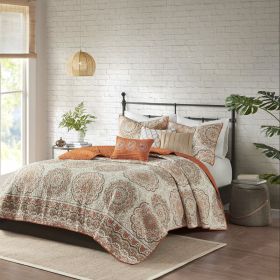 6 Piece Reversible Quilt Set with Throw Pillows Orange King/Cal King