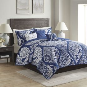 6 Piece Printed Cotton Quilt Set with Throw Pillows Indigo King/Cal King