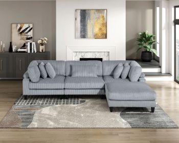 Living Room Furniture 4-Piece Modular Sectional Sofa Set Gray Corduroy Soft Cushion Pillows Solid Wood Legs