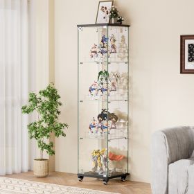 4 Tier Glass Display Cabinet, Single Door Glass Cabinet with Lock and Wheels, Floor Standing Storage Cabinet with 3 Acrylic Shelves for Living Room