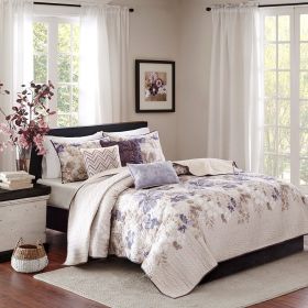 6 Piece Printed Quilt Set with Throw Pillows Taupe King/Cal King